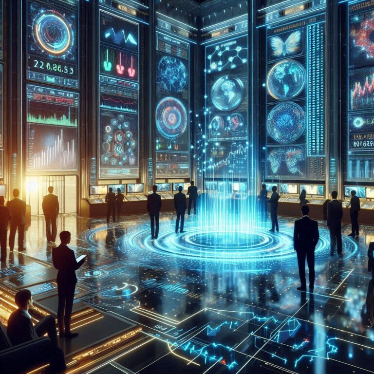 A high-tech stock market trading floor with AI-driven financial charts and investment discussions.