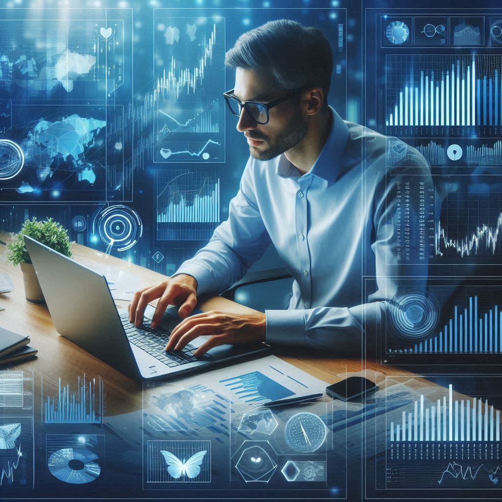 Investor analyzing stocks and mutual funds on a computer screen.