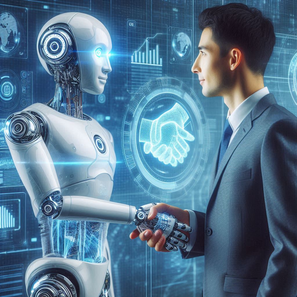 A human investor shaking hands with an AI robot, symbolizing the partnership between artificial intelligence and financial investing.