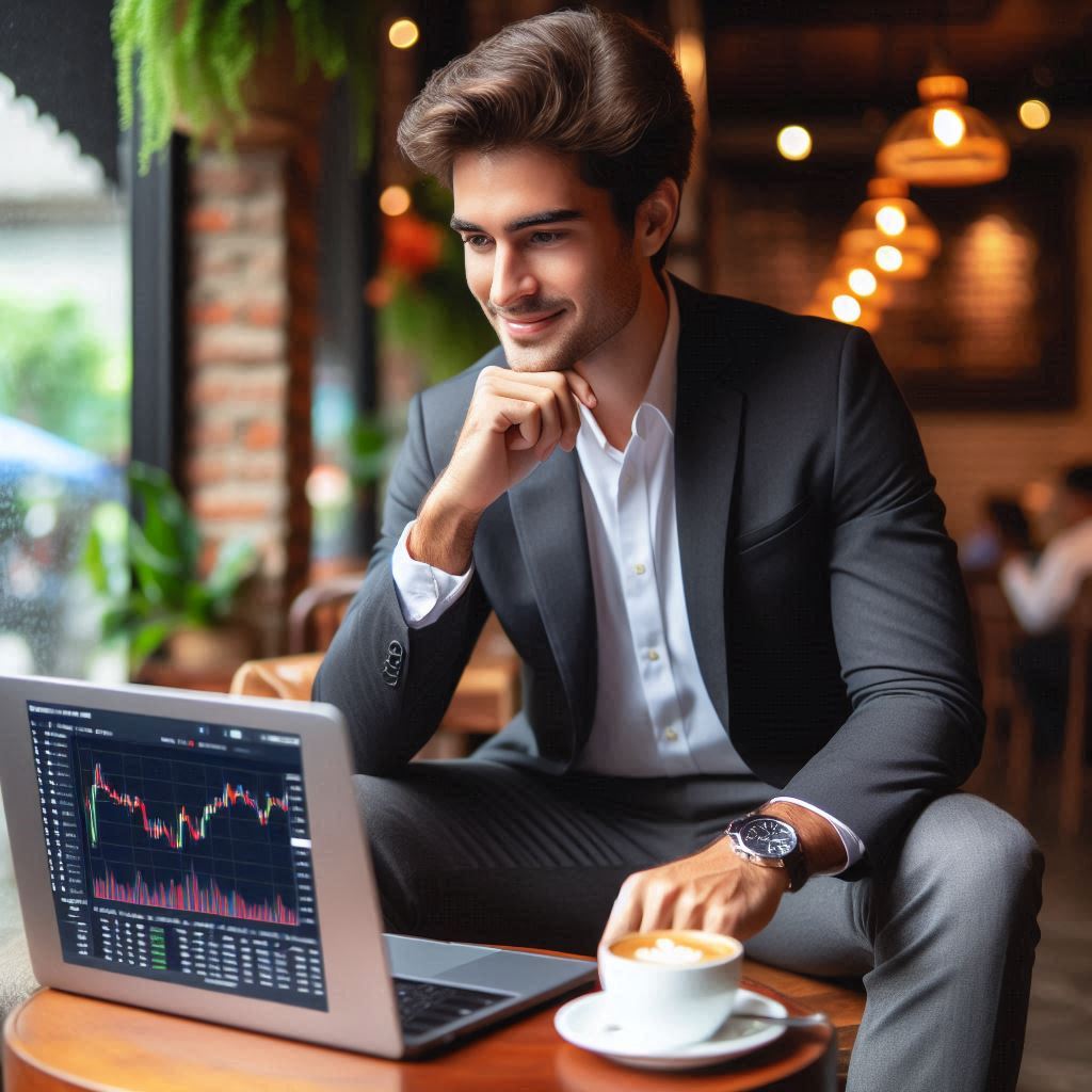 A confident person checking stock market updates, representing financial stability and smart investing.