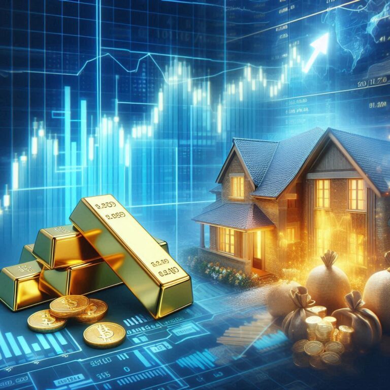 Comparison of stock market trends, gold bars, and real estate investment in 2025.