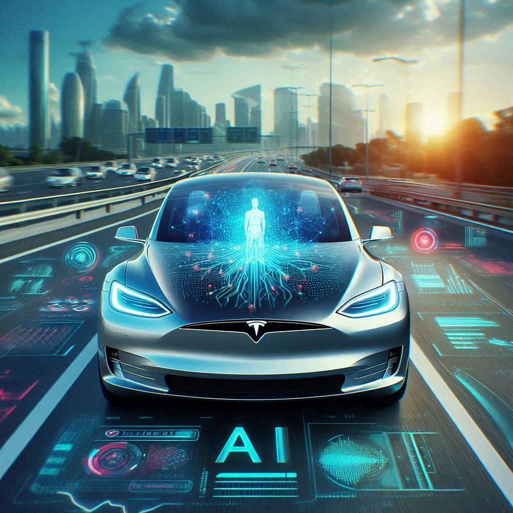 Tesla self-driving car with AI-driven technology displayed.