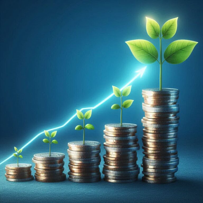 A visually engaging graphic showing a growing stack of coins with a plant growing from the top, symbolizing compound interest and wealth accumulation