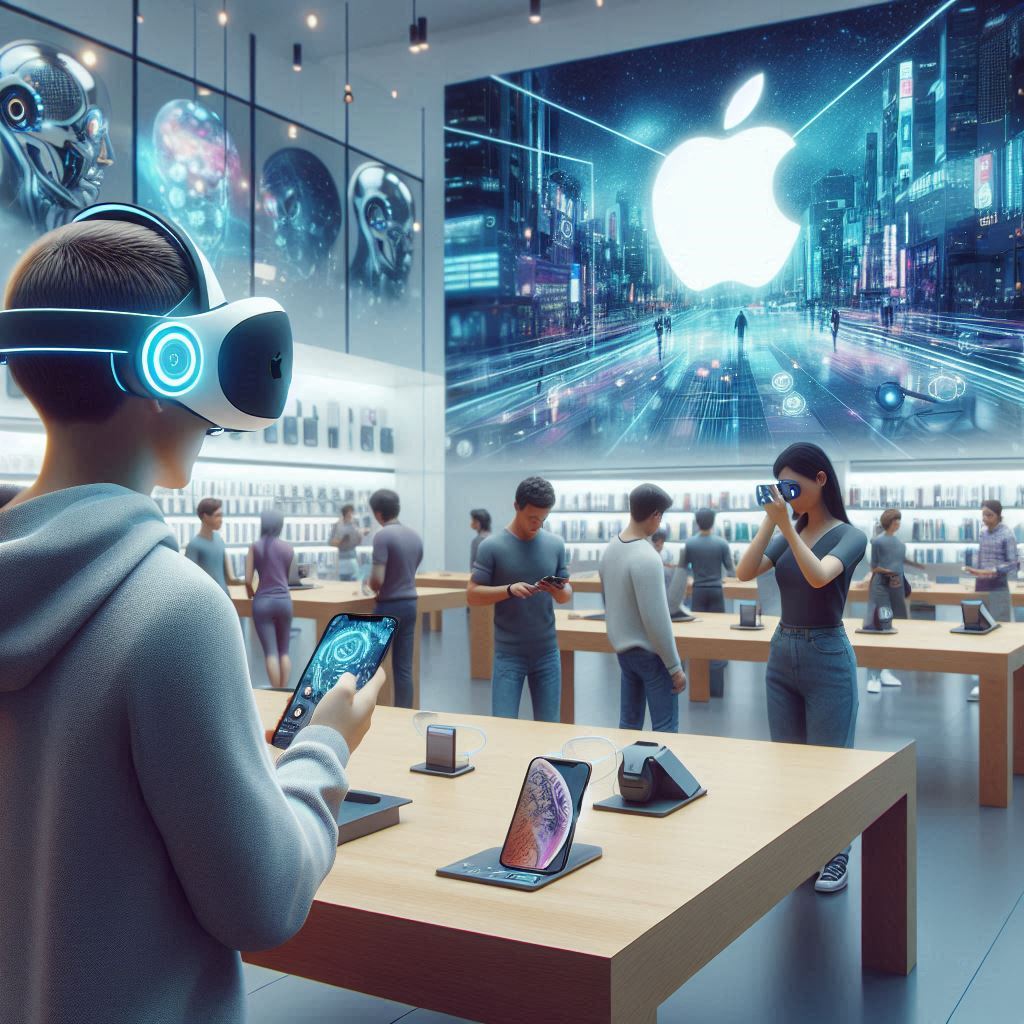 Apple's AI and AR innovations in a high-tech store.