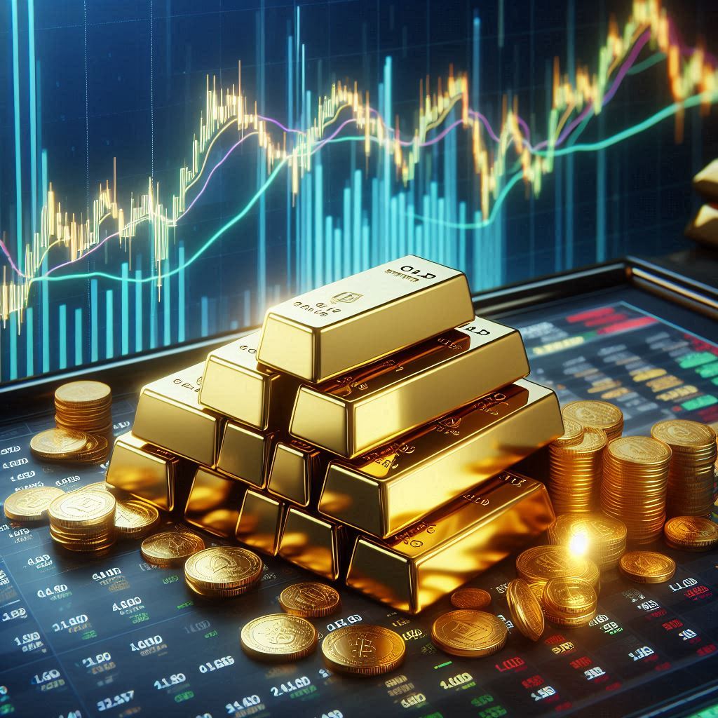 Gold bars placed on a financial trading desk with market charts in the background.