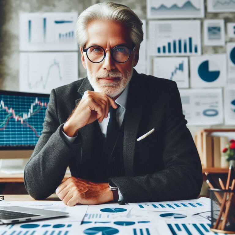 An experienced investor analyzing stock market trends in his office.