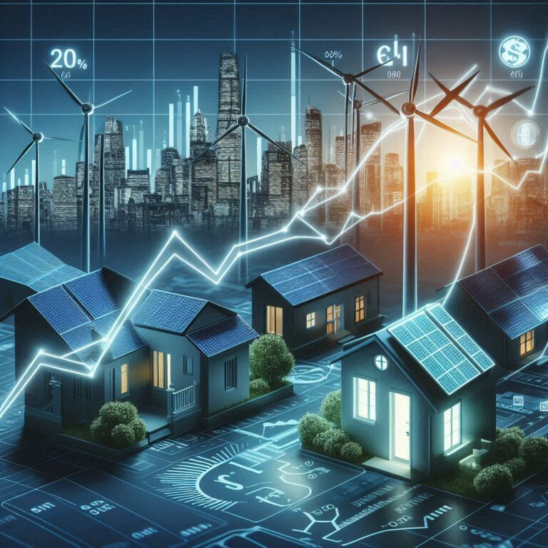 A futuristic city with renewable energy sources, comparing solar investments in stocks vs. home installation with ROI charts.