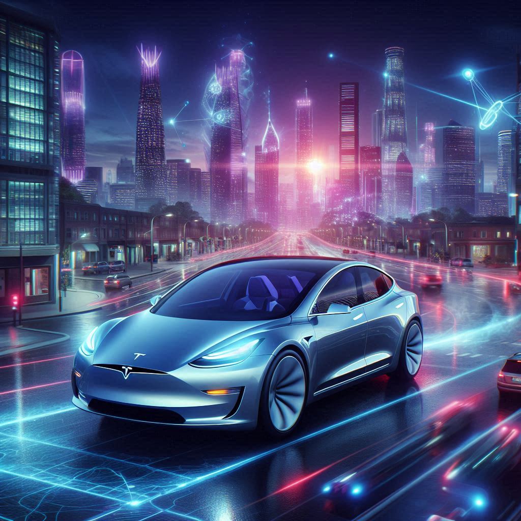 Tesla's AI-powered self-driving car navigating a high-tech cityscape.