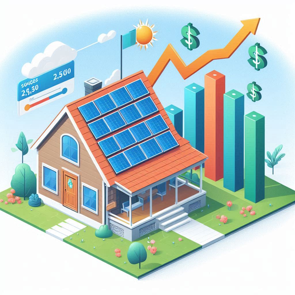 Home with rooftop solar panels showing annual cost savings and breakeven period.