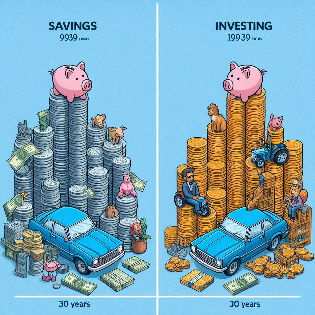 Chart comparing bank savings vs. stock investments over 30 years.
