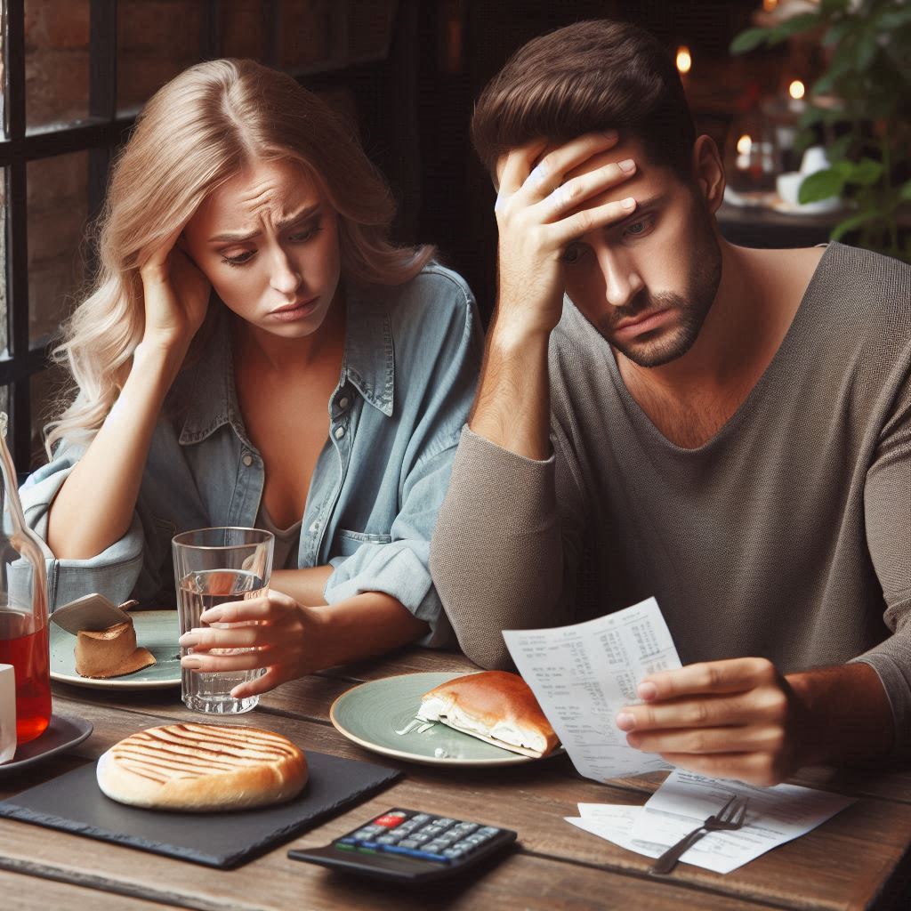 A couple looking worried over a restaurant bill, representing financial stress in dating.