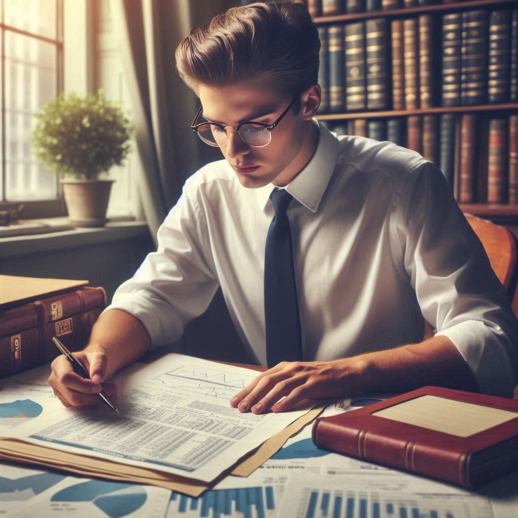 A investor studying financial statements in the 1950s.