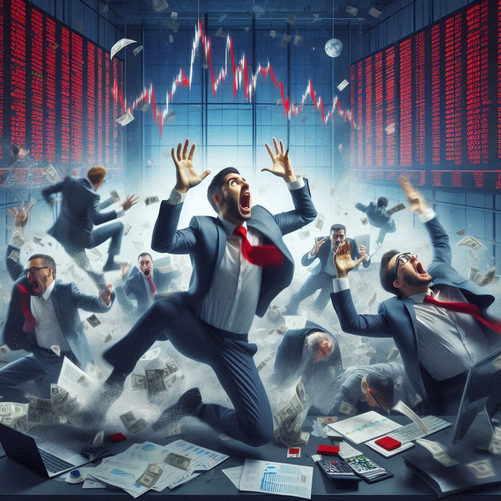 Stock market crash of 2008 showing panicked traders and falling stock prices