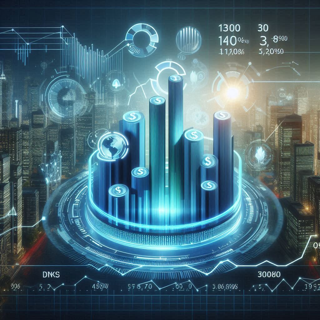 A futuristic digital financial chart showing investment growth over 30 years with compound interest.