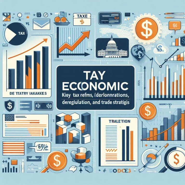 Infographic illustrating major economic policies, including tax cuts, deregulation, and trade reforms.