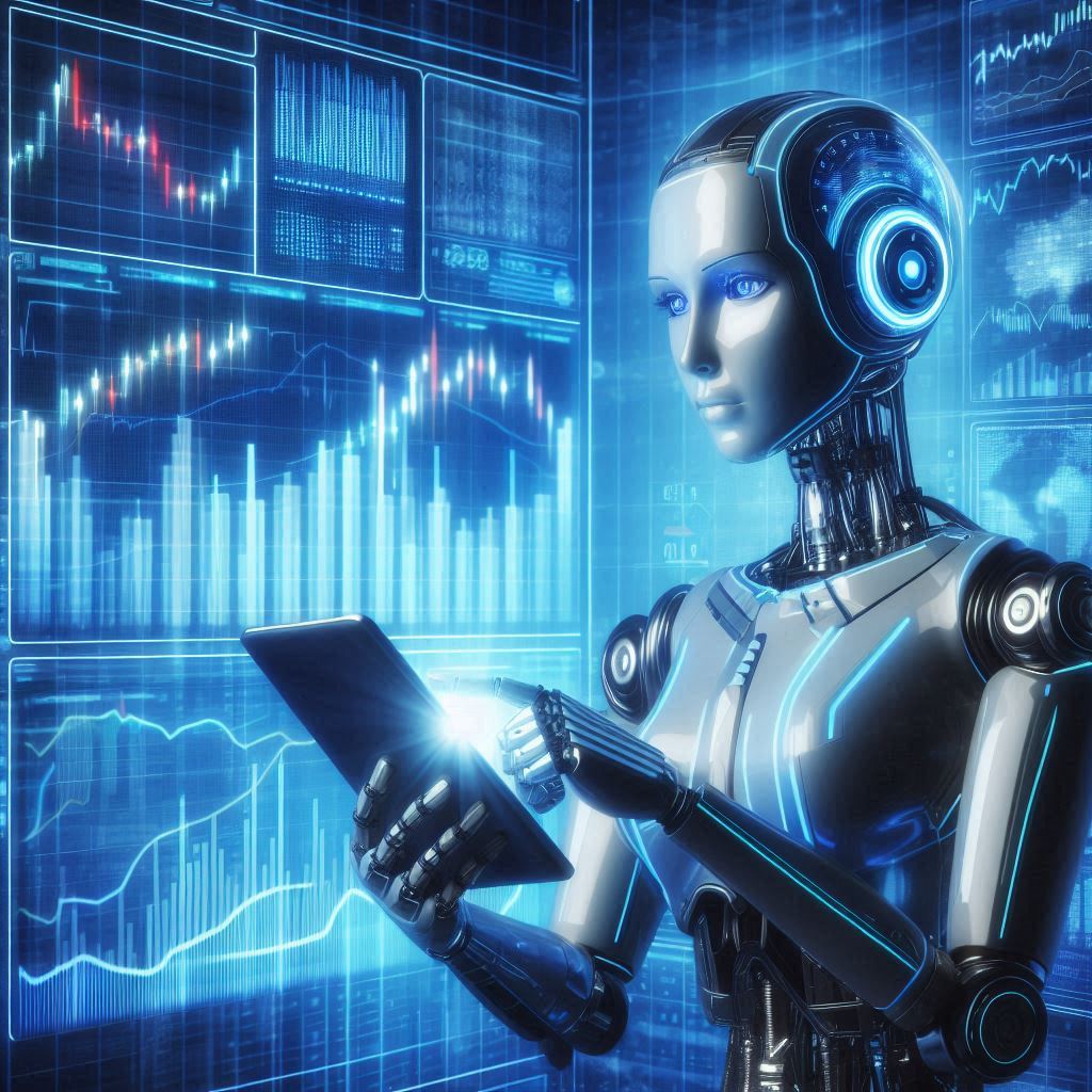 Futuristic AI analyzing stock market trends on a digital screen, showing financial data and investment growth