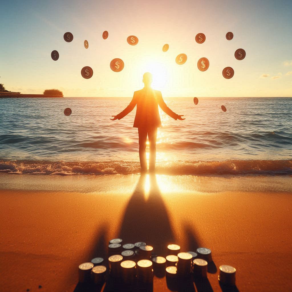 A person celebrating financial independence on a beach.