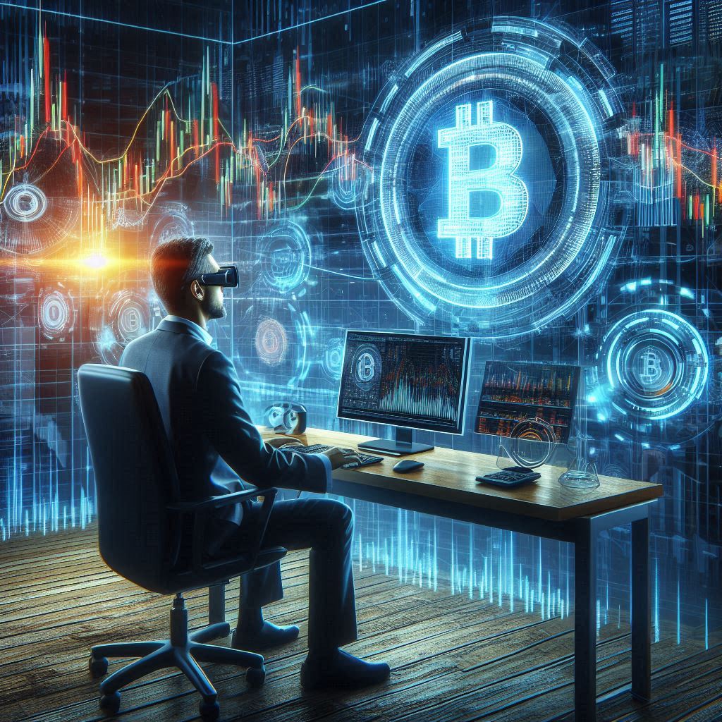 AI algorithm forecasting Bitcoin price trends with blockchain and crypto trading data visualization.