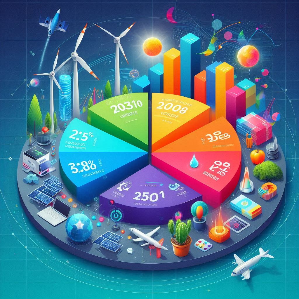 A colorful pie chart comparing the growth potential of technology, healthcare, and renewable energy sectors by 2030.