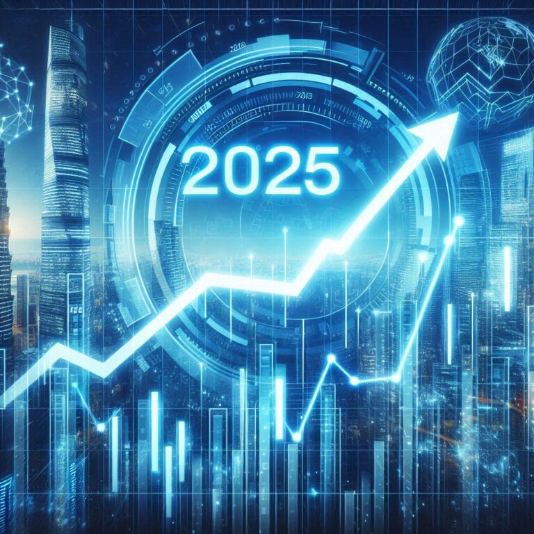 Futuristic stock market graph with an upward trend in 2025.