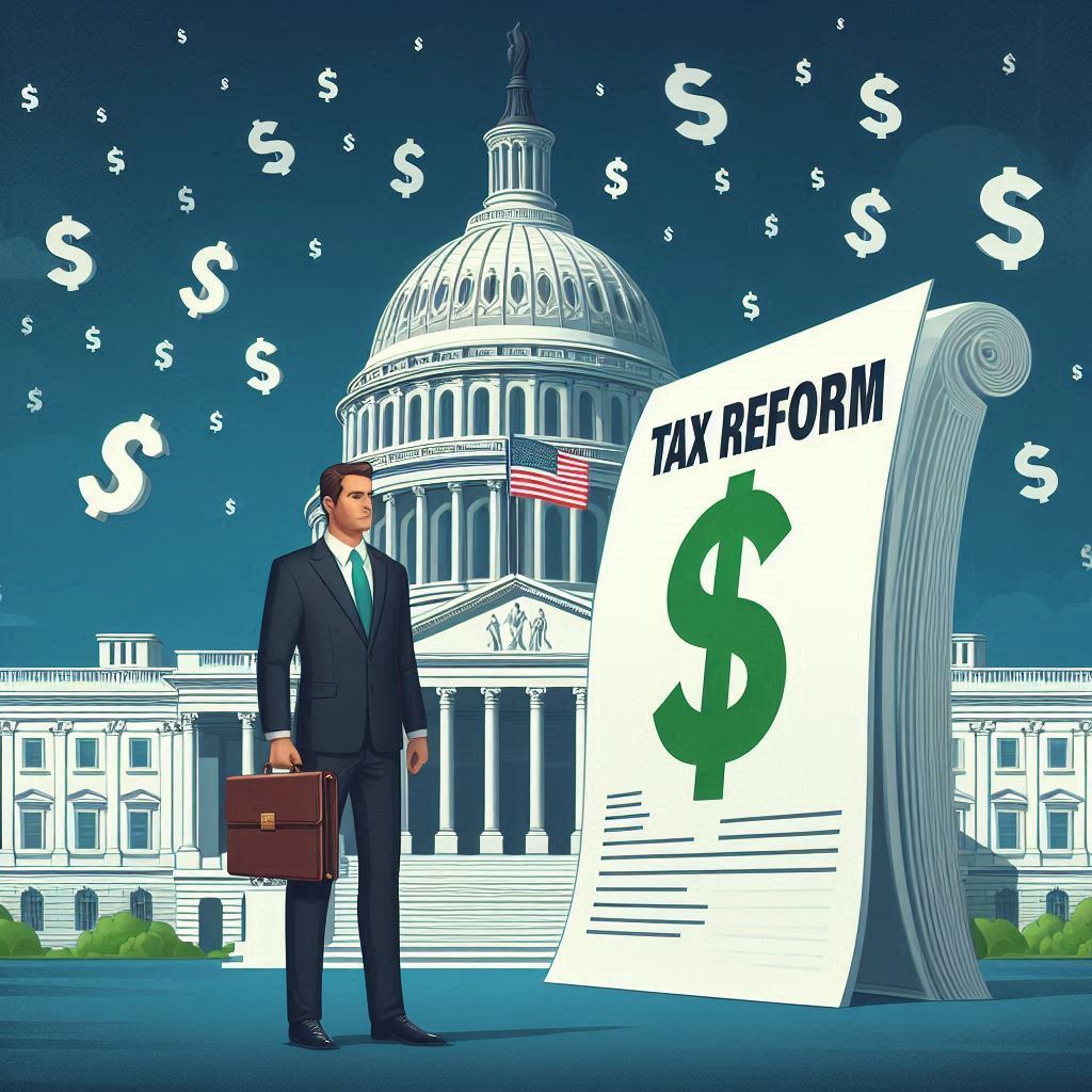 Illustration of a business leader next to a tax reform document with the U.S. Capitol in the background.