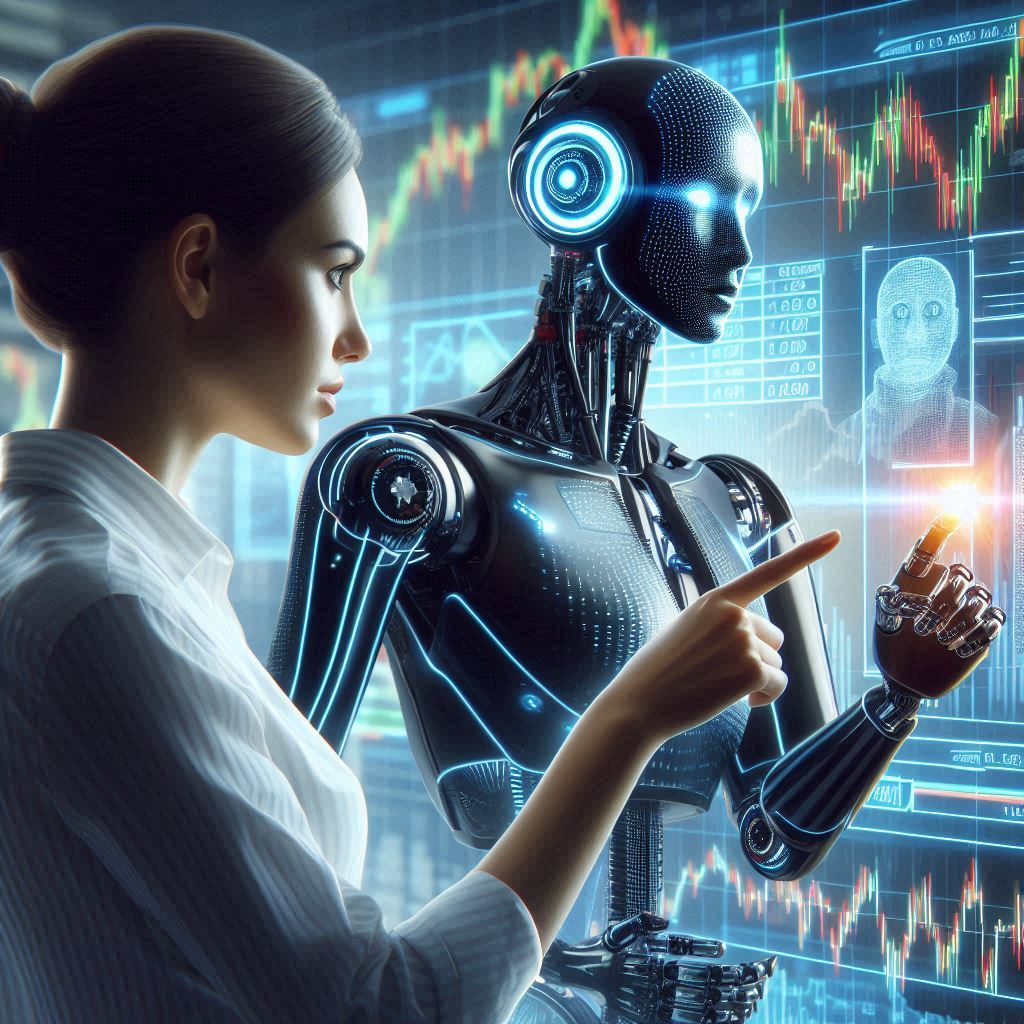 AI-powered stock trading bot competing with a human investor in financial market trading.