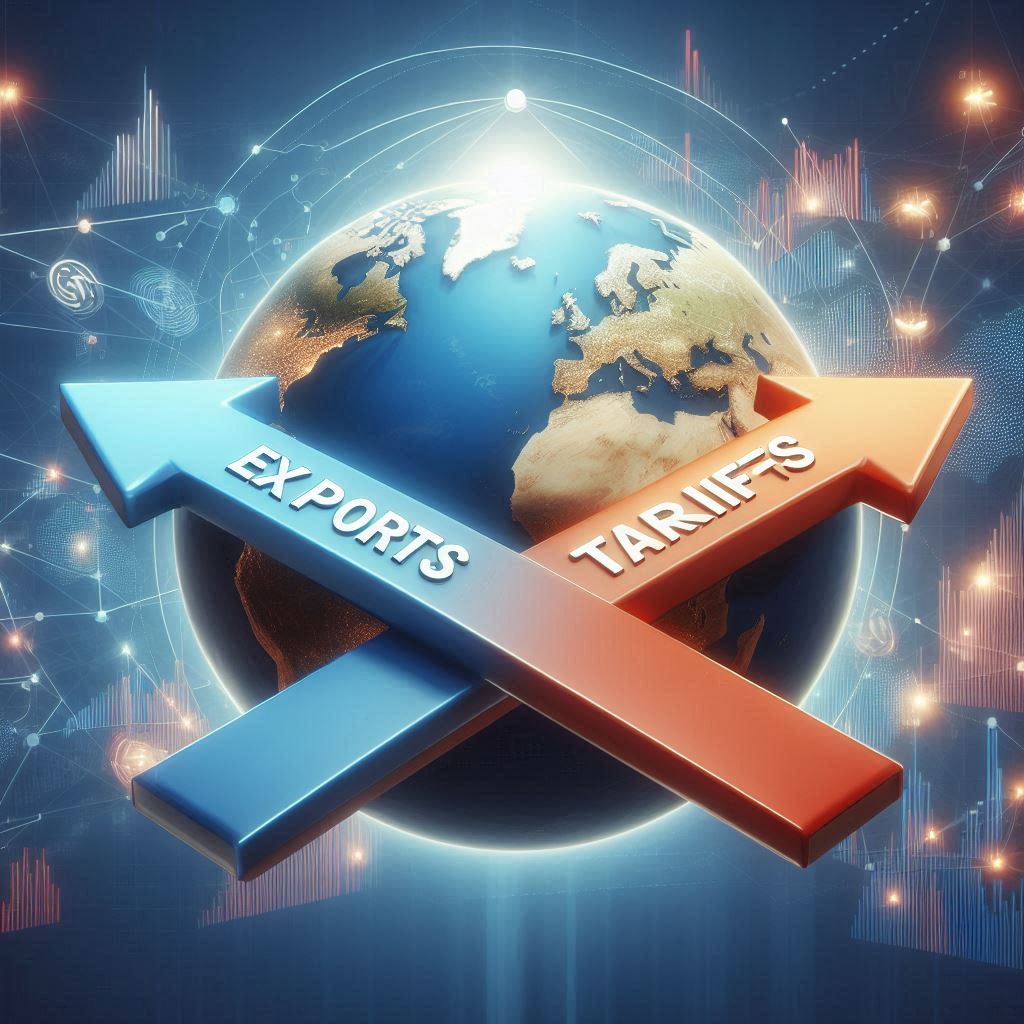 Visual representation of global trade policies with arrows representing imports and exports.