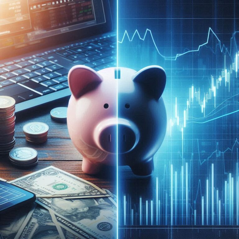 Comparison of saving vs. investing with a piggy bank and stock chart.
