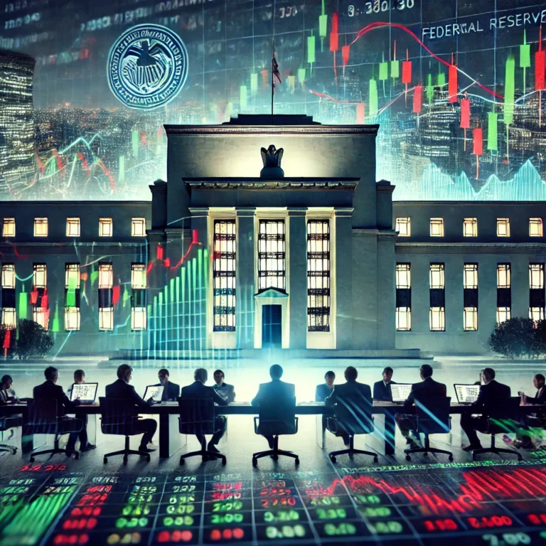 Federal Reserve building with financial graph and market fluctuations, representing investor reactions to interest rate decisions.