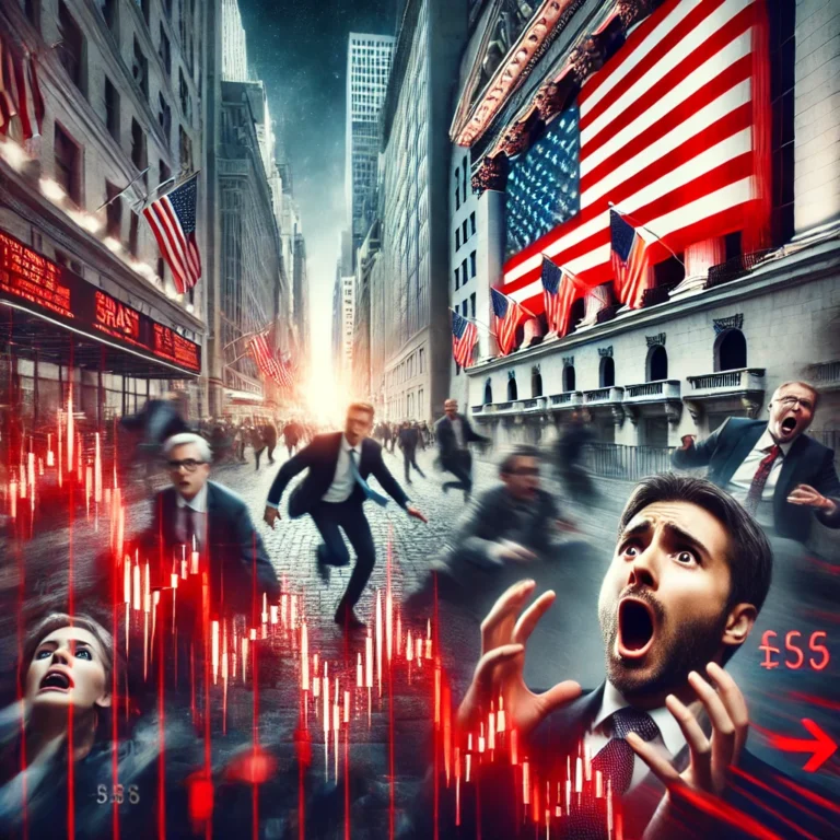 A dramatic image of the US stock market experiencing a sharp correction, showing Wall Street with red financial graphs indicating a downward trend, traders reacting in concern, and a news ticker displaying market crash headlines.