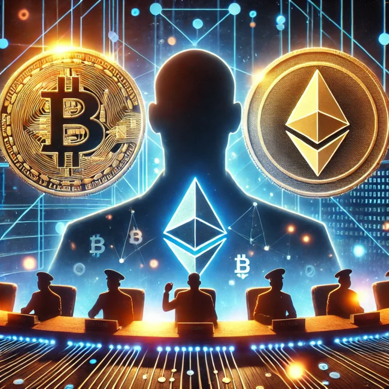 Futuristic image of Bitcoin and Ethereum glowing in a digital network, with a shadowy political figure symbolizing government influence on cryptocurrency.